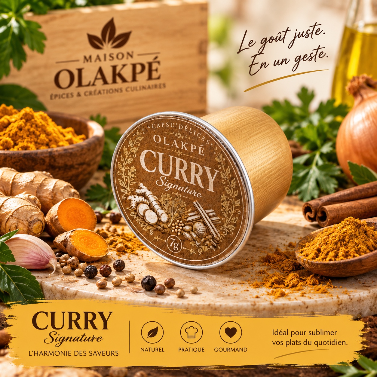Capsule Curry Signature Maison OLAKPÉ entourée de ses épices