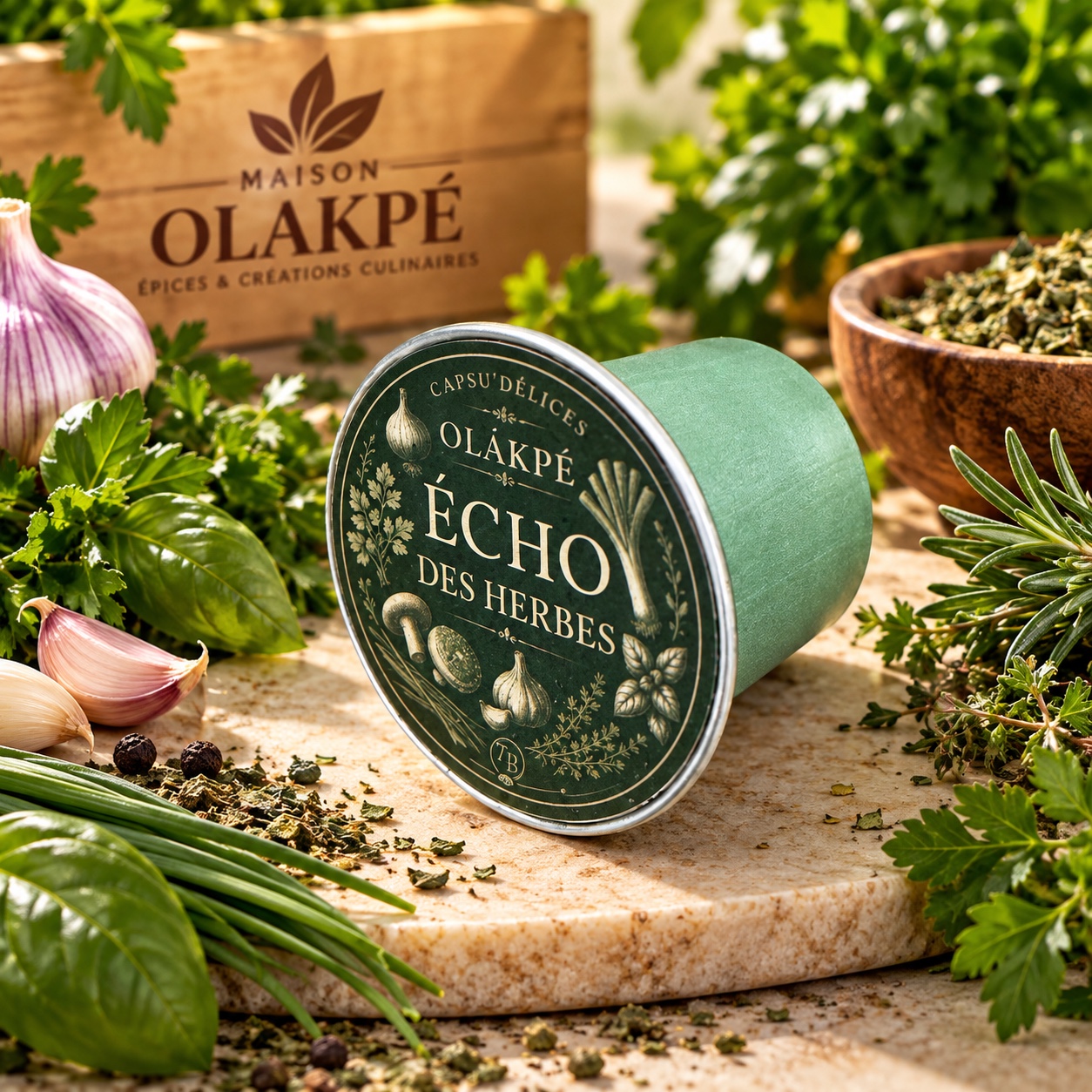 Capsule Écho des Herbes Maison OLAKPÉ dans un décor d’herbes fraîches