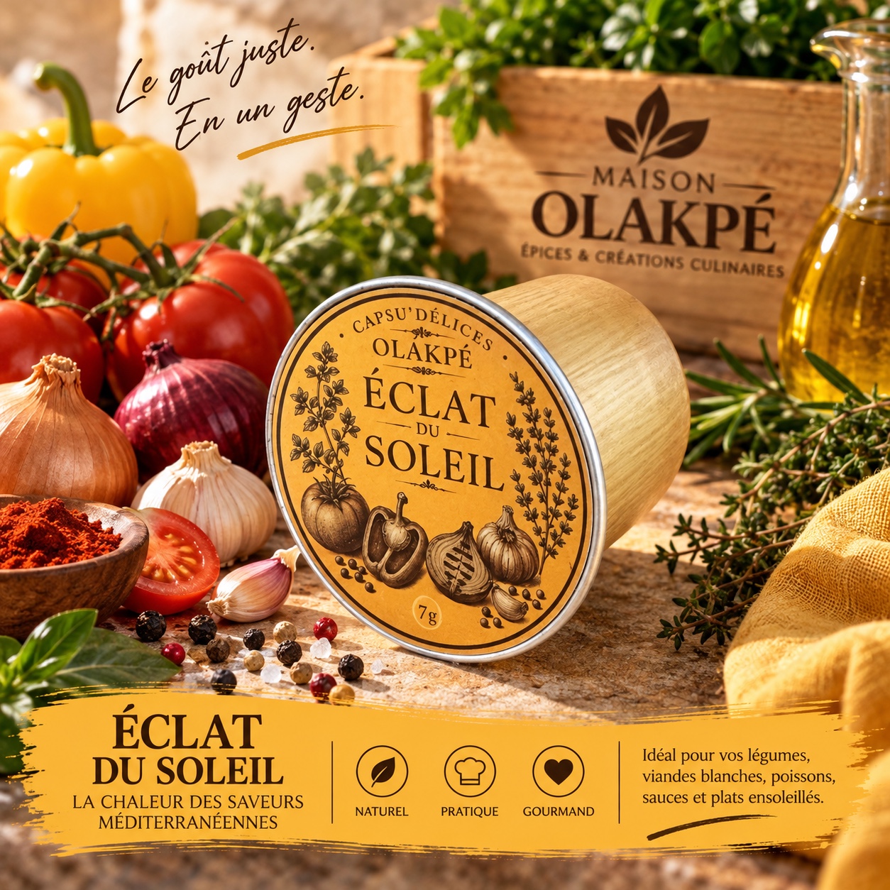 Capsule Éclat du Soleil Maison OLAKPÉ dans un décor solaire de légumes