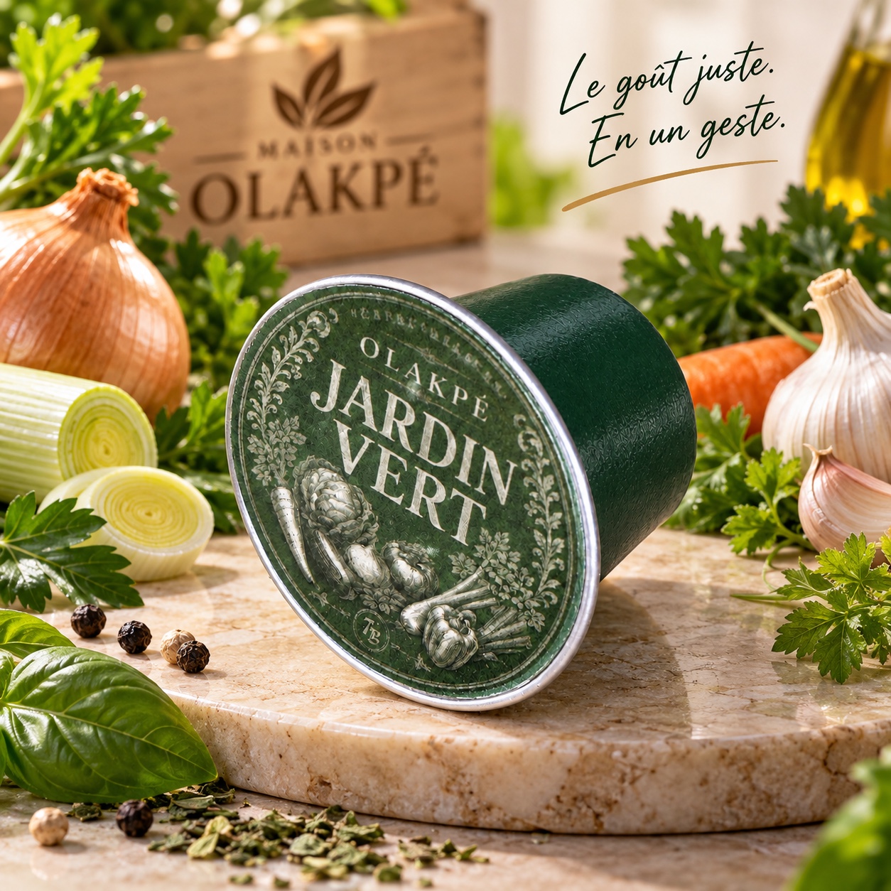 Capsule Jardin Vert Maison OLAKPÉ entourée de légumes et d’aromates