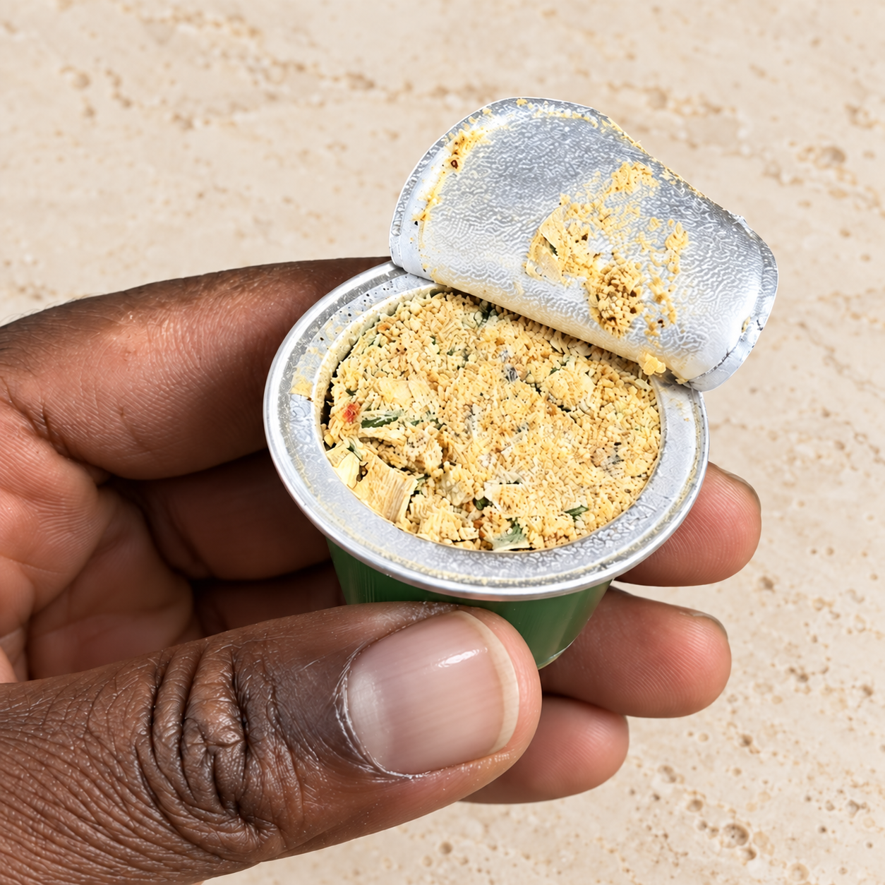 Capsule Jardin Vert ouverte, prête à être versée dans un plat