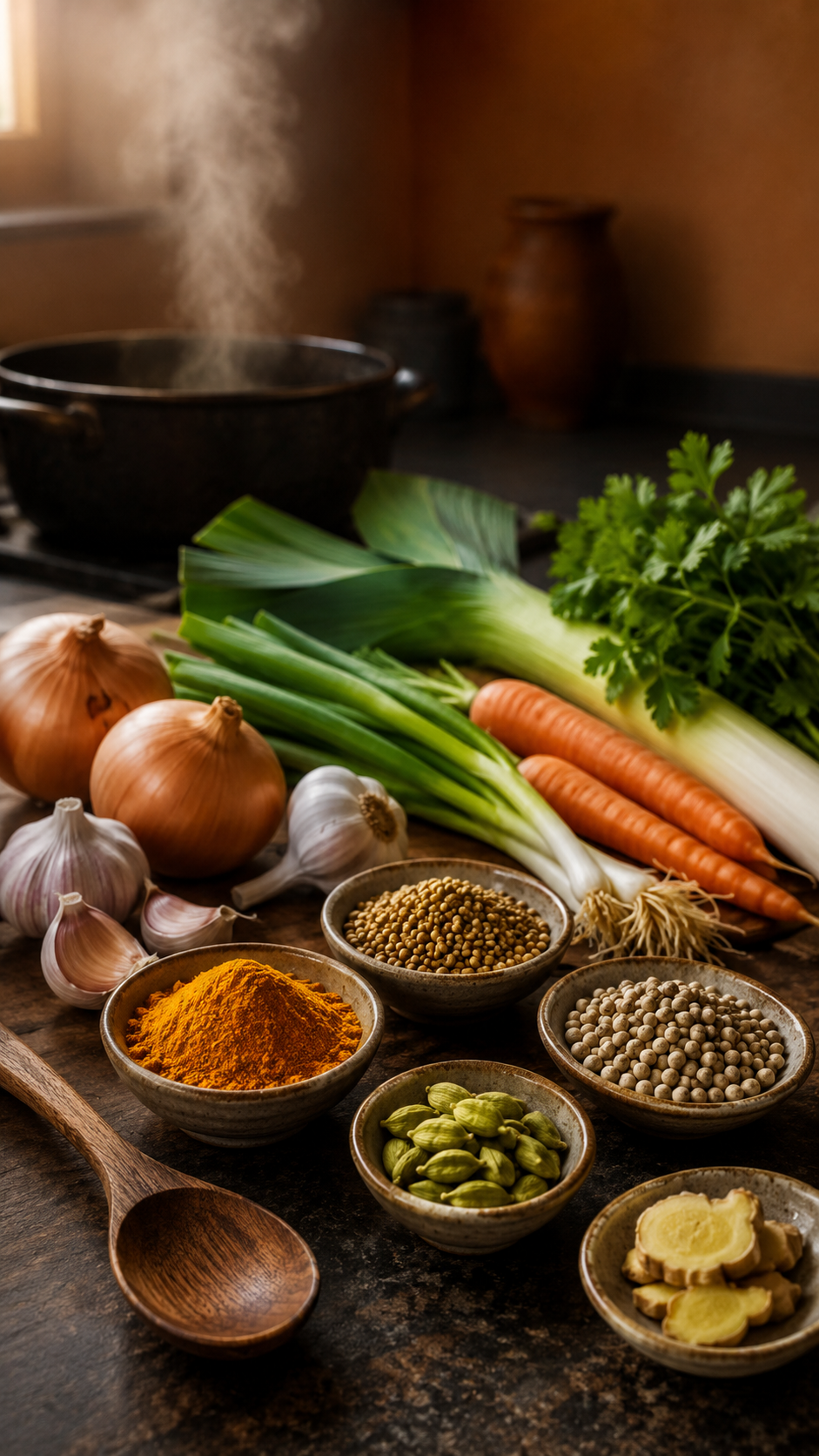 Épices, aromates et légumes frais réunis dans une cuisine