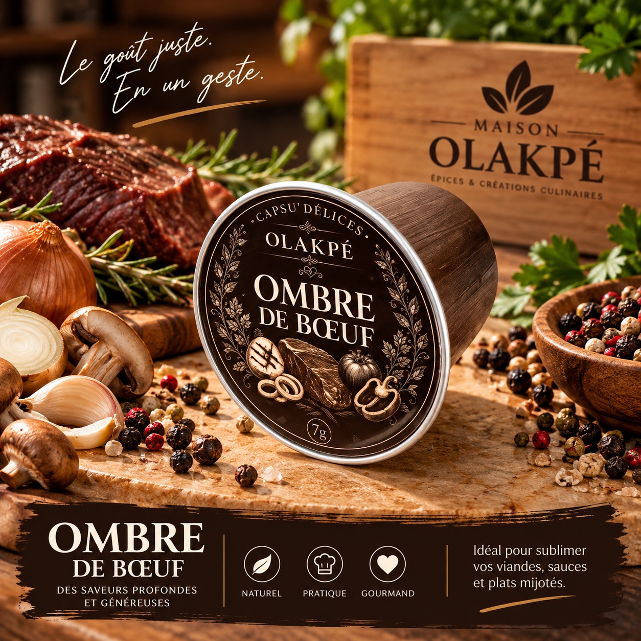 Capsule Ombre de Bœuf Maison OLAKPÉ entourée d’épices et de viande