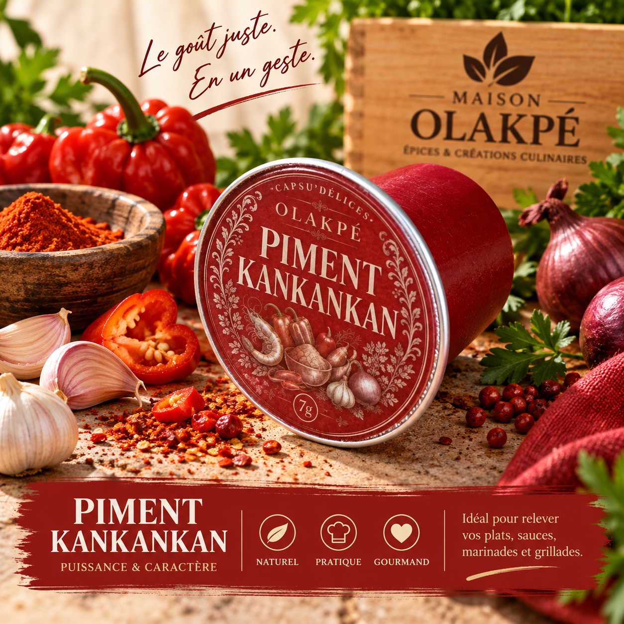 Capsule Piment Kankankan Maison OLAKPÉ entourée de piments et d’aromates