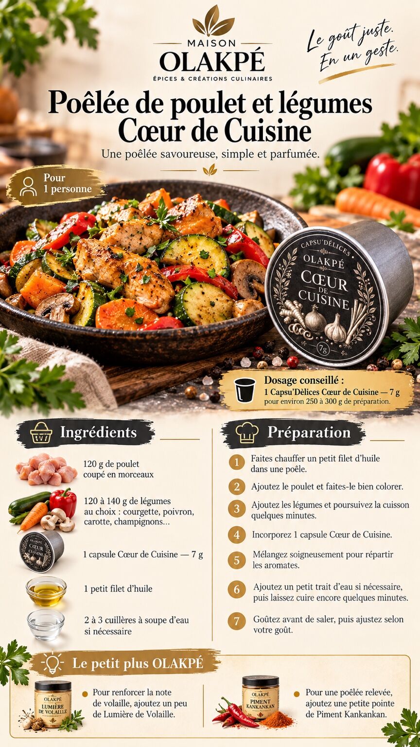 Fiche complète de la recette Poêlée de poulet et légumes avec Cœur de Cuisine