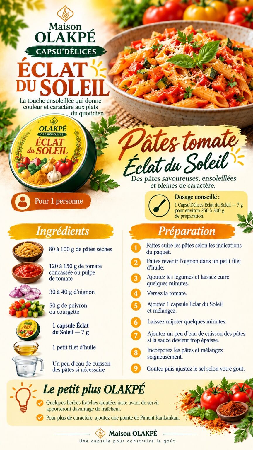 Fiche complète de la recette Pâtes tomate avec Éclat du Soleil