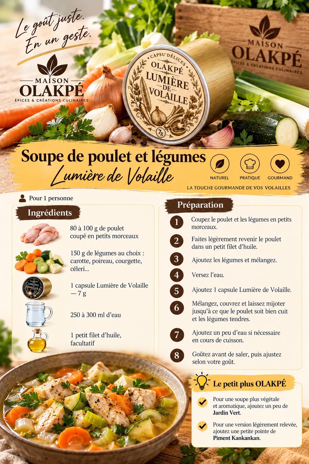 Fiche complète de la recette Soupe de poulet et légumes avec Lumière de Volaille